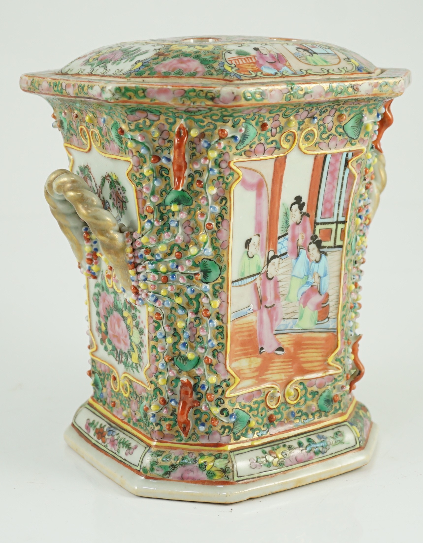 A Chinese Canton (Guangzhou) famille rose decorated bough pot and cover, c.1830, 22cm high, wear to gilding